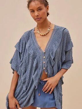 Free People Beach Blue Textured Ruffle Button-Front Top
